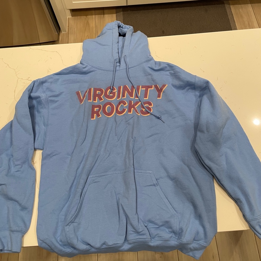 Virginity Rocks hoodie. Light blue size Large.